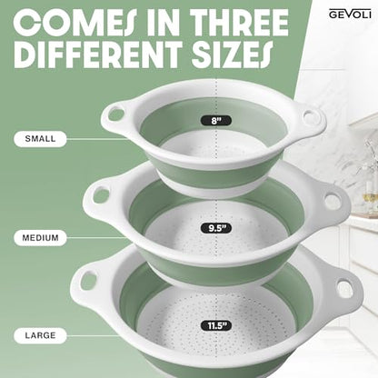 Collapsible Colanders (3 Pack Set) Food Strainers with Over-Sink Water Draining Base for Pasta Fruits and Vegetables, White/Sage (3 Sizes, 3QT, 4QT and 5 Quart)