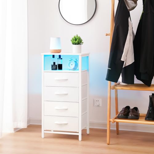 Yoobure Night Stand - LED White Nightstand with Charging Station for Dorm | Bedside Table with 4 Storage Drawers and Storage Shelf, End Table with USB Ports and Outlets, Tall Nightstand for Bedroom