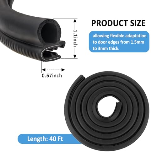 40Ft Car Door Seal Strip,U-Shaped Automotive Weather Stripping Rubber Seal Strip with Metal Clips,Universal Push-in Car Door Edge Guards Fits Car Boat RV Truck Home (40Ft)