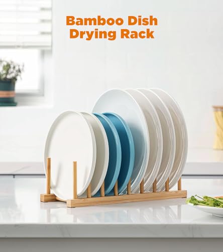 Bamboo Dish Drying Rack, 2 Pack Wooden Storage Holder Organizer for Plate/Bowl/Cup/Book/Pot/Lid/Cutting Board Drying Rack Stand Holder