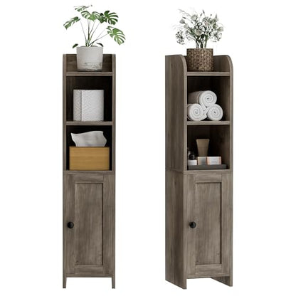 Small Bathroom Storage Cabinet, Narrow Toilet Paper Cabinet | Corner Floor Cabinet with Door and Shelves, Slim Bathroom Cabinet for Small Spaces, 7.9" D x 7.1" W x 31" H, Greige