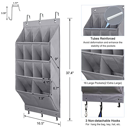 2 Pack Over the Door Shoe Organizer, Hanging Shoe Organizer Rack,24 Large Pockets and 4 Larger Storage Various Compartments with 6 Hooks, Home Accessories, Grey