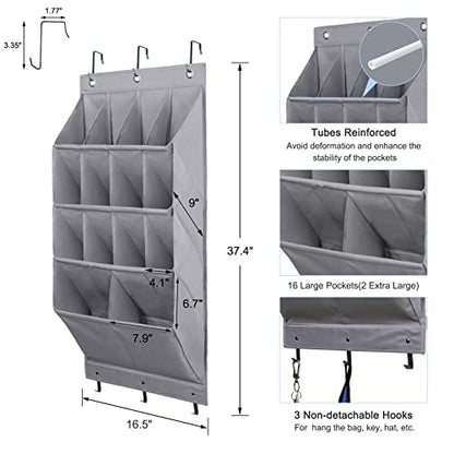 2 Pack Over the Door Shoe Organizer, Hanging Shoe Organizer Rack,24 Large Pockets and 4 Larger Storage Various Compartments with 6 Hooks, Home Accessories, Grey