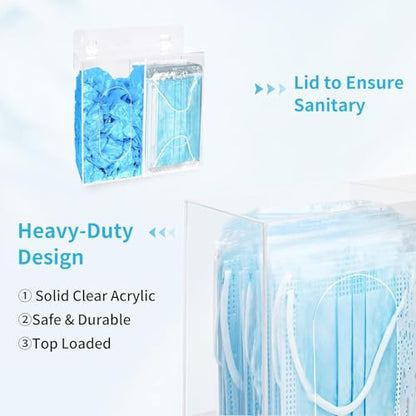 Acrylic Face Mask Dispenser Box, 2 Compartments Gloves Holder, Clear Mask Holder with Lid, Wall Disposable Mask Acrylic Storage, Medical Organizer