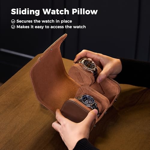 ProCase Watch Travel Case, 2 Slot PU Leather Watch Roll Box for Men, Brown | Portable Watch Organizer, Anti-Shift Angled Pillow Track, Scratch Resistant Soft Lining, Ideal Gift for Him/Her