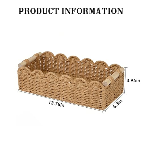 Upgraded Paper Rope Scalloped Edge Toilet Paper Storage Basket, Small Living Room, Bedroom Decor Baskets for Over Toilet Storage Shelf, End Table, Shelves and More, with 2 Wooden Handle (Neutral)