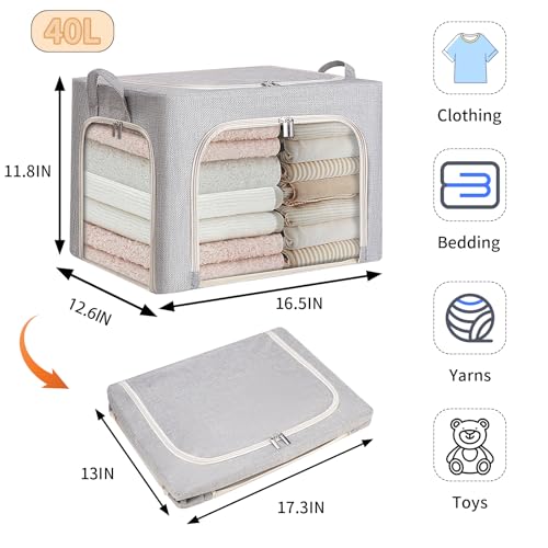 combocube 3-Side Zippered Openings Clothes Storage Bins with Thick Metal Frame, Stackable & Foldable Clothing Storage Bins with Lid, Linen Fabric Closet Storage Box with Large Clear Window, 3 Pack