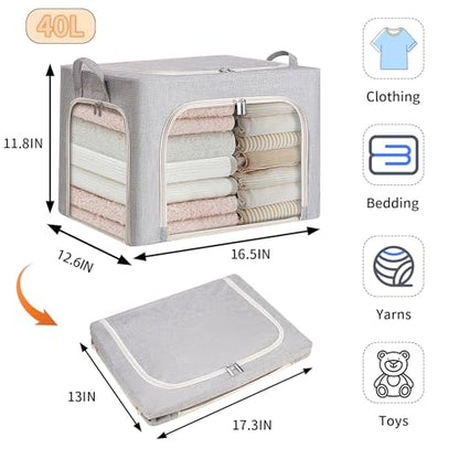 combocube 3-Side Zippered Openings Clothes Storage Bins with Thick Metal Frame, Stackable & Foldable Clothing Storage Bins with Lid, Linen Fabric Closet Storage Box with Large Clear Window, 3 Pack
