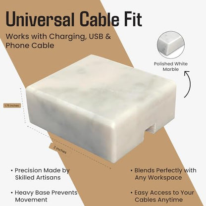 Cord Organizer – Polished Marble Cable Tidy, Single | Handmade polished white marble cord holder keeps a charging cable tidy on your desk. Weighted, non-slip. Single slot.