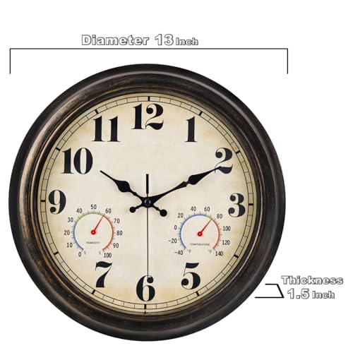 zyzamay 13 Inch Outdoor Clock with Thermometer and Hygrometer,BlackGold | Easy to Read,Non-Ticking Battery Operated Quality Quartz Waterproof Wall Clock, Decorative for Patio,Porch,Pool,Bathroom