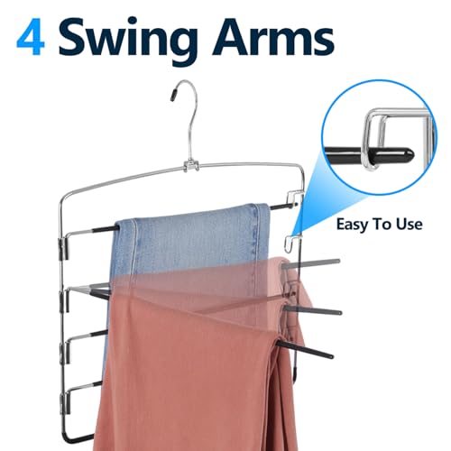 Pants Hangers 4 Pieces,5 Tier Closet Organizers and Storage Clothes Hanger,Hangers Space Saving with Swing Arm,Multiple Metal Hanger Clothes Organization for Pants Trousers Jeans Leggings Slacks