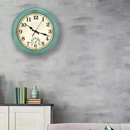 12 Inch Indoor/Outdoor Retro Waterproof Wall Clock with Thermometer,Vintage Battery Operated Silent Non Ticking Quartz Clock Wall Decorative for Kitchen/Bedroom/Living Room/Bathroom/Patio-Olive green