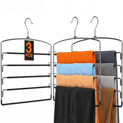 Korpai 3-Pack Pants Hangers Space-Saving Multi-Layer,150° Rotate Metal Swing Arm Non Slip Rubber Coating,Closet Organizers and Storage 360 Swivel Top Hook for Jeans,Trouser,Slacks,Skirt,Scarfs,Towels