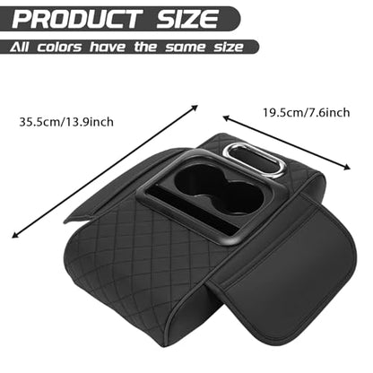 Car Armrest Cushion, 5 in 1 Center Console Cover with 2 Cup Holders, Phone Holder, Tissue Holder, Storage Bag, Multifunctional Leather Heightened Car Armrest Cushion for Most Cars（Black