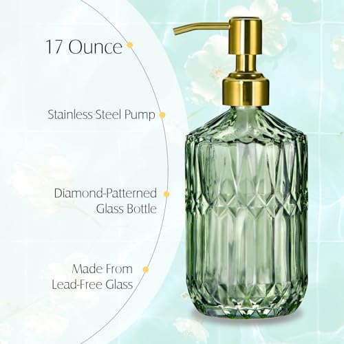 COHOSEGE 17 Oz Green Glass Kitchen Soap Dispenser for Dish Soap, 2 Pack Bathroom Soap Dispenser Set with Gold Rust Proof Pump for Lotion, Hand soap or Body Wash
