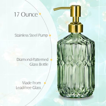 COHOSEGE 17 Oz Green Glass Kitchen Soap Dispenser for Dish Soap, 2 Pack Bathroom Soap Dispenser Set with Gold Rust Proof Pump for Lotion, Hand soap or Body Wash