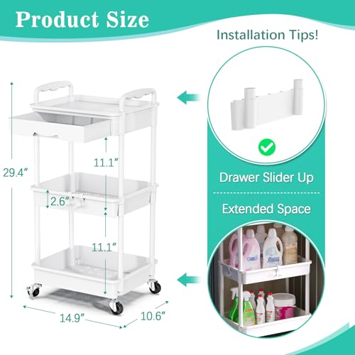 SUNALLY 3 Tier Rolling Cart with Drawer, Craft Storage Cart Organizer,White | Bathroom Storage Organizer with 2 Lockable Wheels, Rolling Utility Cart for Kitchen, Office, Baby, Makeup, Nail,Snack,Laundry