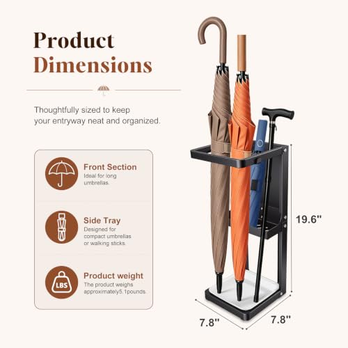 Umbrella Stand for Entryway, Sturdy Metal Umbrella Holder Indoor with Removable Drip Tray, Small Umbrella Rack for Long and Compact Umbrellas, Black Umbrella Storage Stand for Home Office