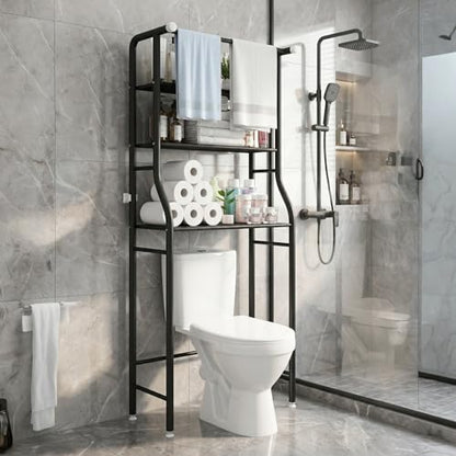 UDEAR 3-Tier Over The Toilet Rack,with Hanging Rod,Tower Shelf,Black | Toilet Towel Rack, Three-layer Iron Plate, Suitable for Bathrooms