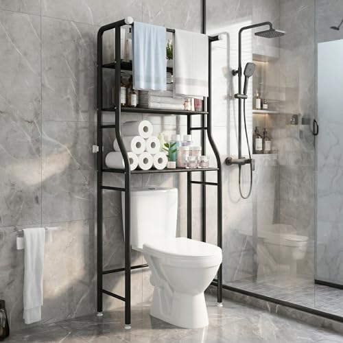 3-Tier Over The Toilet Rack,with Hanging Rod,Tower... (Black | Alloy Steel)