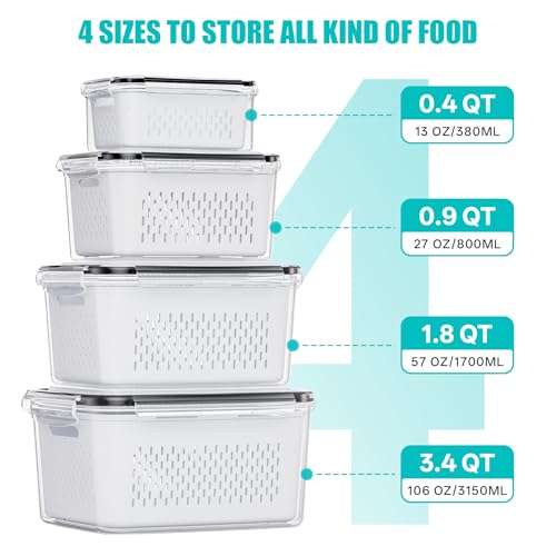HOMETALL 4 Pack Fruit Storage Containers for Fridge Set, Produce Containers | for Fridge with Strainer, Plastic Reusable Fridge Organizers and Storage for Berry Salad Lettuce, Size 3.4, 1.8, 0.9, 0.4QT