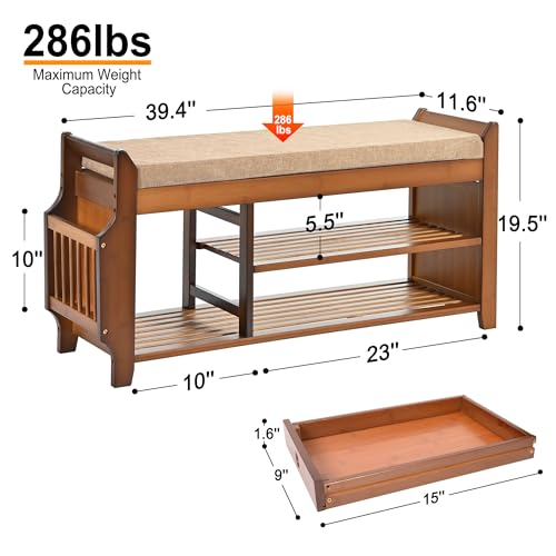 Shoe Bench with Hidden Drawer and Side Holder, 2 Tier Entryway Bench with Storage 39.4 in, Bamboo Shoe Rack with Cushion for Entryway Hallway Living Room Bedroom
