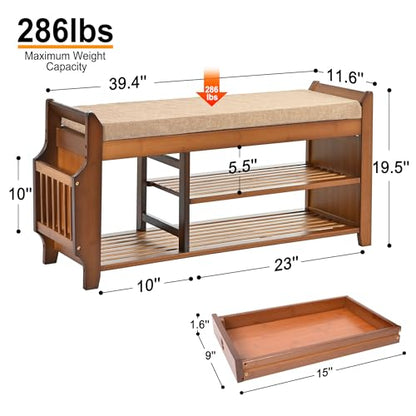 Shoe Bench with Hidden Drawer and Side Holder, 2 Tier Entryway Bench with Storage 39.4 in, Bamboo Shoe Rack with Cushion for Entryway Hallway Living Room Bedroom