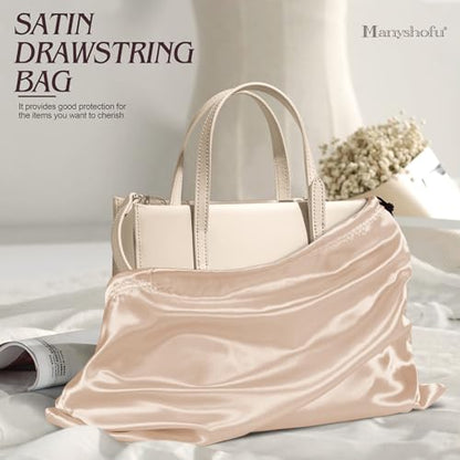 Manyshofu Beige Satin Dust Bags, 7 Pack Drawstring Storage 23.6x19.6 | Protects Handbags From Dust And Moisture, Soft Breathable Fabric, Washable Drawstring Closure, Folds For Travel, 7 Pack