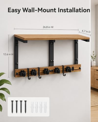 Broom and Mop Holder Wall Mount, 27" Large Organizer with Wood Shelf | Vacuum Holder, 5 Heavy-Duty Grippers, 5 Movable Metal Hooks for Laundry Room, Garage and Utility Closet Organization