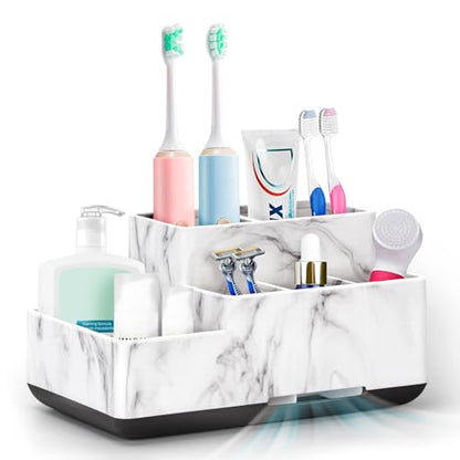 Detachable Toothbrush and Toothpaste Holder for Bathroom Countertop | Large Bathroom Organizer Storage Anti-Slip for Shower, Kitchen, Kids, Family, Multifunction Toothbrush Holders Marble Silver