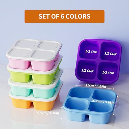 KEMETHY 6 Pcs Bento Snack Containers, Reusable 4 Compartment Food Storage Container with Lids, Divided Lunchable Container, Freezer, Microwave & Dishwasher Safe (6 Color)