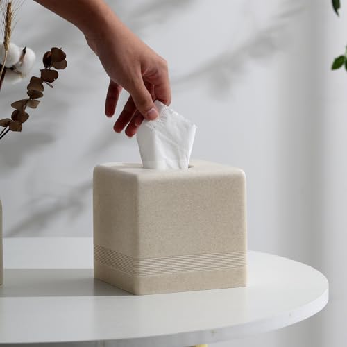 Tissue Box Cover Square, Sandstone Look Facial Tissue Holder,Beige | Simple Modern Cube Toilet Paper Holder Case Dispenser,Home Decorative,for Bathroom Bedroom Living Room Office Hotel Cafe Bar