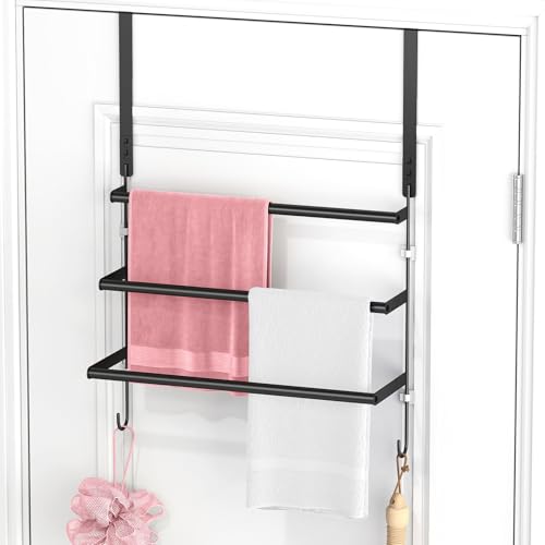 FLE Over The Door Towel Rack, Door Towel Bar, Black | Over Door Design, Stainless Steel Door Towel Rack, Rust-Resistant; Space-Saving for Bathroom, Hangs Bath Towels