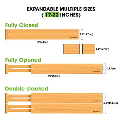 Bamboo Drawer Dividers, Expandable Drawer Separators Splitter, 17-22 inches Adjustable Spring-loaded Organizer for Large Utensil, Clothes, Tools Drawers, 6 Pack Dividers + 4 Pack Baffle