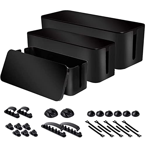 Cable Organizer Box Set of Three, Power Cover Cord Holder Surge Protector for Desk (Black)