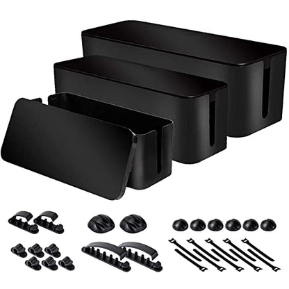 Cable Organizer Box Set of Three, Power Cover Cord Holder Surge Protector for Desk (Black)