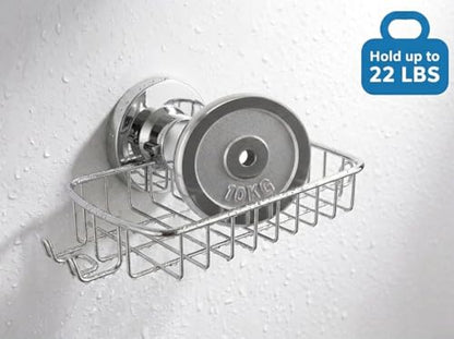 Soap Dish for Shower Suction Cup Powerful Vacuum System Rustproof 304 Stainless Steel Basket Sponges Holder with Razor Hooks for Bathroom or Kitchen Soap Holder (Silver)