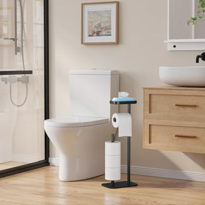 Kitsure Metal Toilet Paper Holder Free Standing, Medium, Black | Rustproof Toilet Paper Stand for 4 Rolls, Bathroom Organizers and Storage with Anti-Slip Base and Plastic Shelf