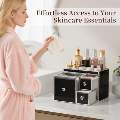 CoralHouse Face Towel Holder with 3 Drawers for Bathroom, Smoky Gray | Smoky gray tempered glass, 3 drawers and raised-edge top for disposable face towels, cotton pads, swabs and skincare