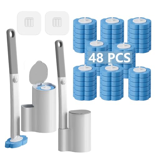 2 Pack Disposable Toilet Brush and Holder Set,Extended Handle with 48 Cleaner Refills Toilet Brush for Toilet Bowl Cleaners,Bathroom Cleaning, Bathtub - Blue (Ocean Fresh Scent)