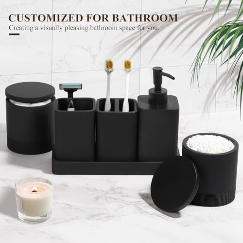 Bathroom Accessories Set, 6 Piece Soap Dispenser Set - Matte Black | Bathroom Set with Toothbrush Holders, Soap Dispenser, Vanity Tray, Tumbler, Cotton Swab Jars, Bathroom Organizer and Storage