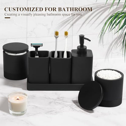 Bathroom Accessories Set, 6 Piece Soap Dispenser Set - Matte Black | Bathroom Set with Toothbrush Holders, Soap Dispenser, Vanity Tray, Tumbler, Cotton Swab Jars, Bathroom Organizer and Storage