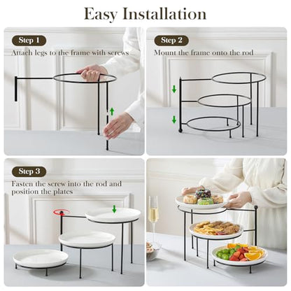 MALACASA White 3 Tier Serving Tray Stand with Black Rack, 10 Inch Porcelain Tiered Dessert Stand for Cupcakes, Cakes, Fruit & Appetizers, Ceramic Serving Platter for Party, Wedding & Tea Party