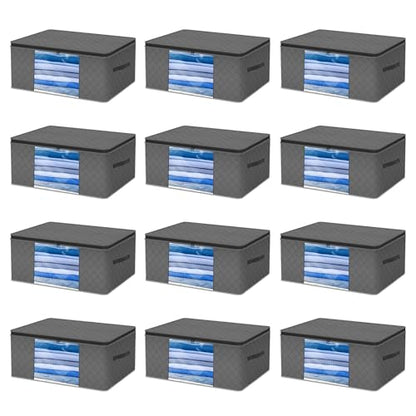 12 Pack Clothes Organizer Storage Bags, 35l Large Capacity, Foldable Underbed Storage Bags, with Clear Window Reinforced Handles for Blankets, Clothes, Comforters, Grey