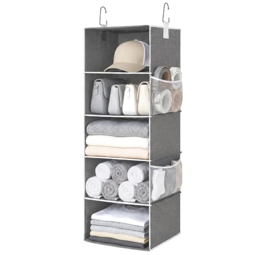 Hanging Closet Organizer, 5-Shelf Hanging Shelves... (5 Count | Grey | Natural Fiber)
