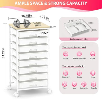 Rolling Cart with 8 Drawers for Art, Dorm, Office, Craft, White | Utility Cart Organizer With 8 Removable Drawers and Wooden Tabletop, Lockable Rolling Storage Organizer for Classroom, Home