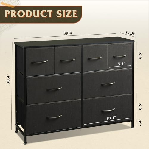 WLIVE Wide Dresser for Bedroom, 8 Drawer Chest of Drawers, Black | 8 roomy fabric drawers, Wide storage design, Bedroom or closet use, Sturdy steel frame, Smooth wood tabletop