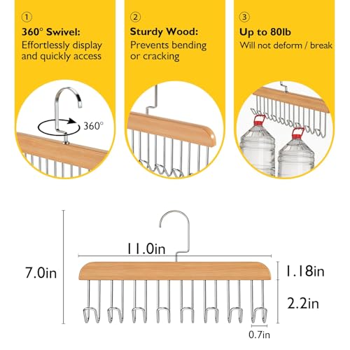 Bra Hangers for Closet Organizer with 16 Metal Hooks Belt Hanger for Closets Space Saving Multi Hook Hanger Non-Slip Tank Top Hanger 360°Rotating Display Belt Organizer for Tie, Hat, Bra Wooden 3 Pack