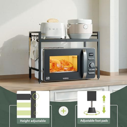 2 Tier Expandable Microwave Stand countertop,Microwave Oven Rack | microwave shelf, storage shelves for pans &appliances,Adjustable partition height，8 Hooks，55lbs max load,Black