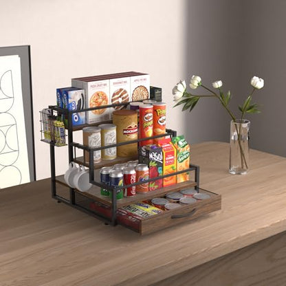 4 Tier Countertop Coffee Syrup Rack Organizer with 36 K Cup Storage | Wooden Sturdy and Space-Saving Coffee Bar Organizer with Drawer Condiment Storage Shelves for Kitchen Home Office Restaurant